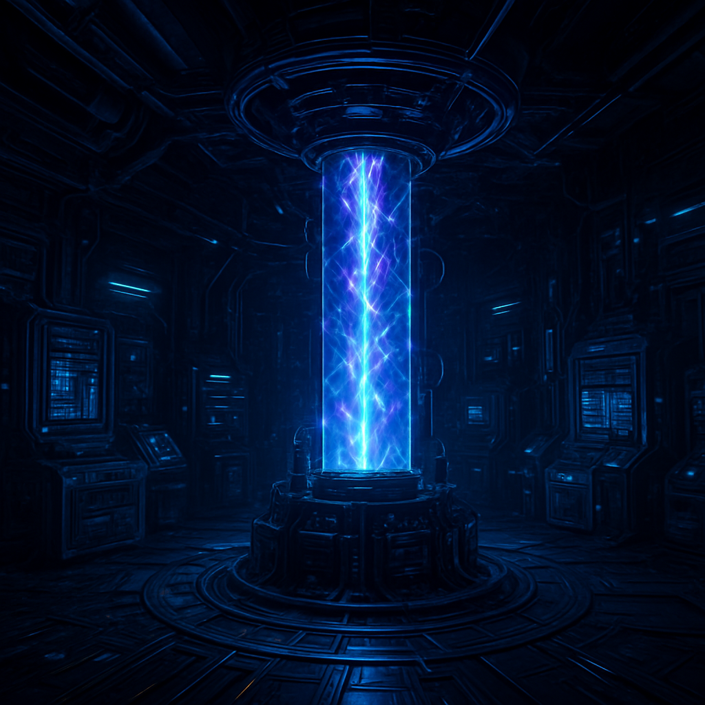 Futuristic quantum computing laboratory with a glowing energy column